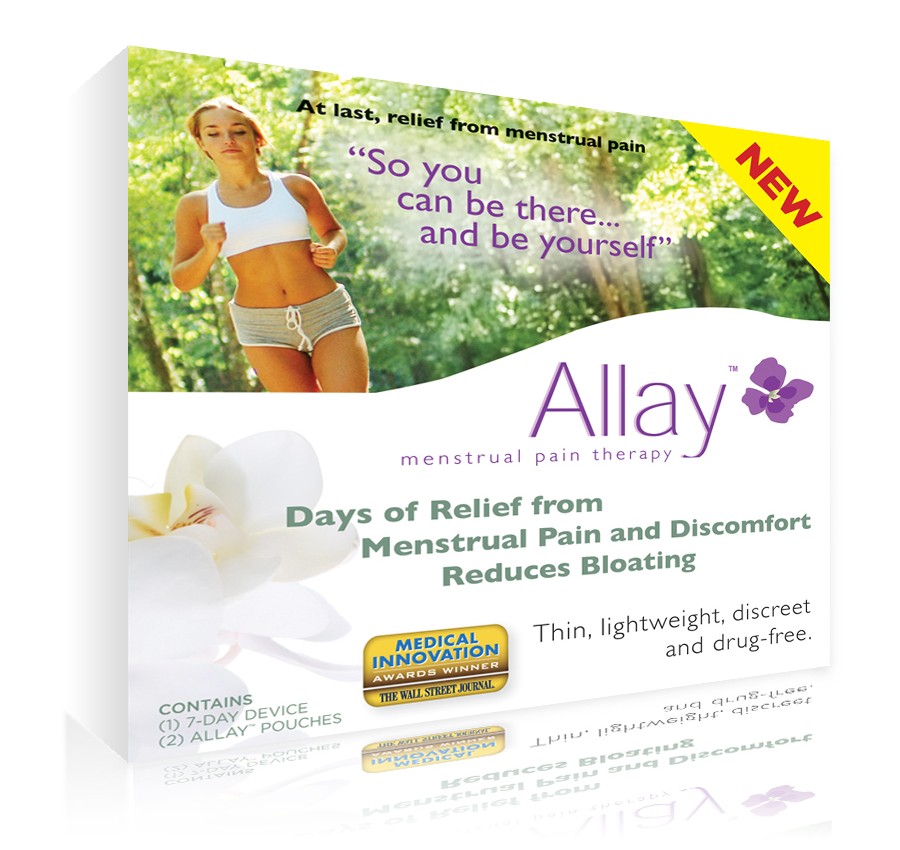 Allay Menstrual Pain Therapy packaging, an internationally commercialized wearable pulsed shortwave therapy product.